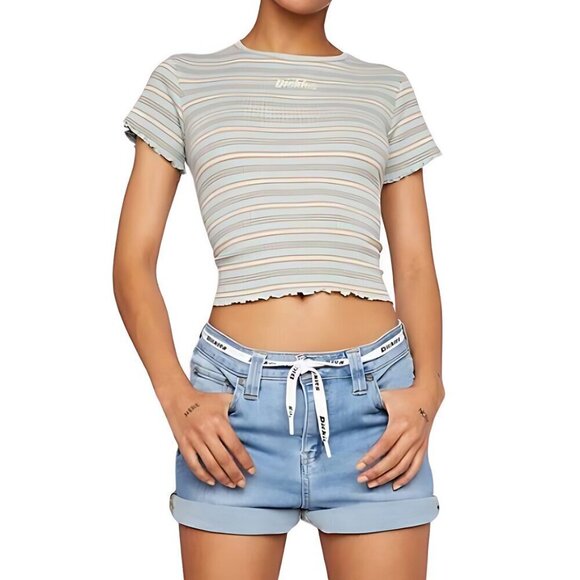 Dickies Crop Top Short Sleeve Crew Neck Striped Pattern Cotton Multi Color W XS - Picture 2 of 5